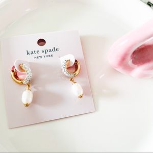Kate Spade Candle Drop Pave Hoop Pearl Earrings White